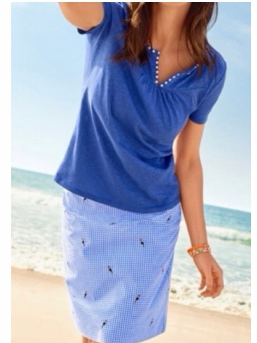 Talbots Gingham Cotton‎ Canvas Embroidered Parrot Skirt